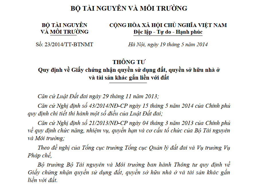 Thông tư 23/2014/TT-BTNMT: Quy định về Giấy chứng nhận quyền sử dụng đất, quyền sở hữu nhà ở và tài sản khác gắn liền với đất