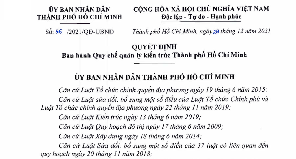 Quyết định số 56/2021/QĐ-UBND: BAN HÀNH QUY CHẾ QUẢN LÝ KIẾN TRÚC THÀNH PHỐ HỒ CHÍ MINH